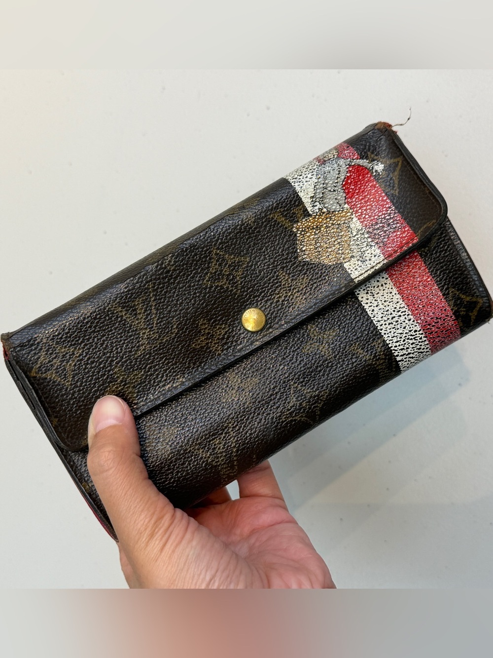 Louis Vuitton Monogram Wallet with Red, White & Brown Stripe Accent